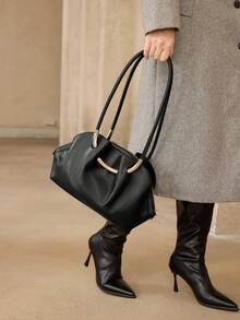 MOTF WOMEN'S FASHION BLACK SHOULDER BAG, EXQUISITE HARDWARE BUCKLE, SIMPLE FAN TOTE BAG, ZIPPER SHELL BAG, FOR DAILY USE, COMMUTING, SHOPPING - Black - View 1