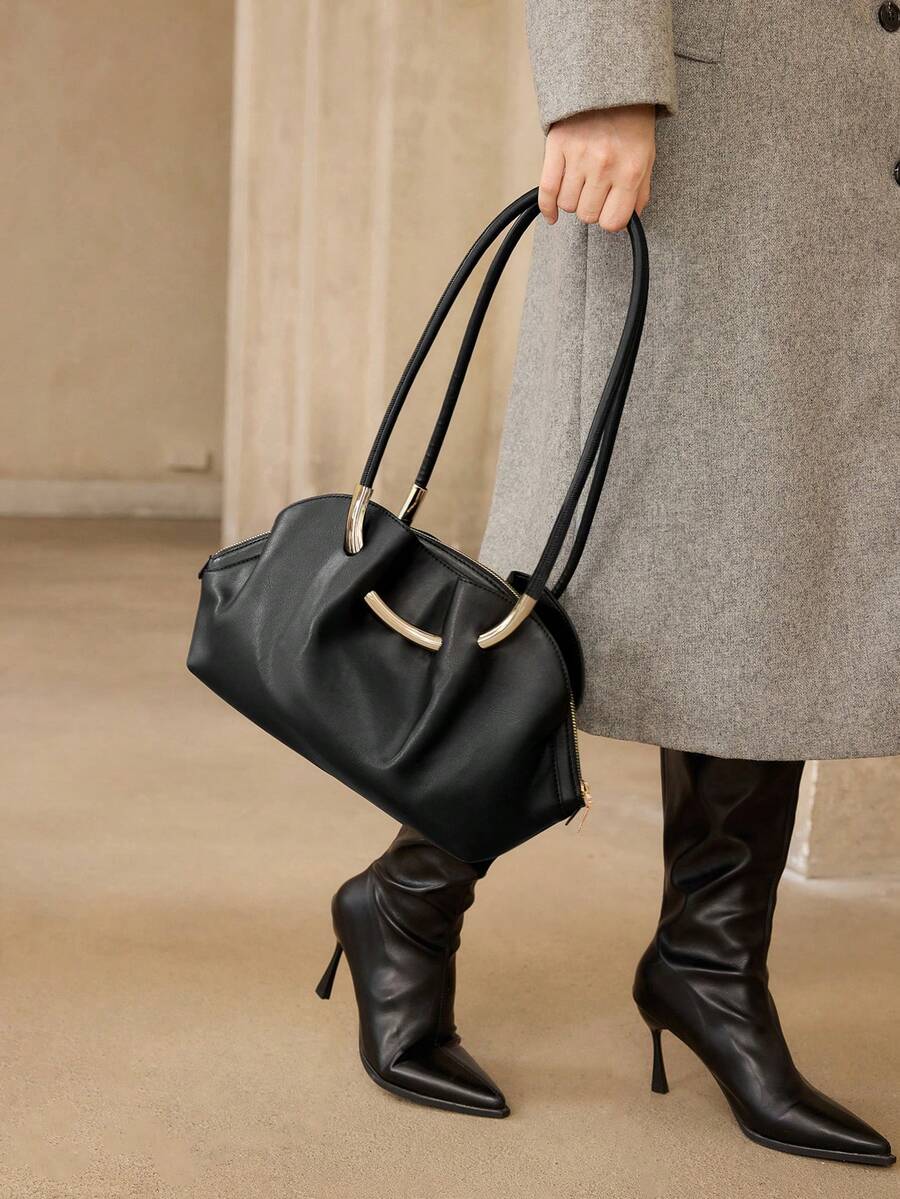 MOTF WOMEN'S FASHION BLACK SHOULDER BAG, EXQUISITE HARDWARE BUCKLE, SIMPLE FAN TOTE BAG, ZIPPER SHELL BAG, FOR DAILY USE, COMMUTING, SHOPPING - Black - View 1