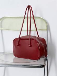 Nöista Burgundy Leather-Effect Shoulder Bag With Double Handles, Glossy Finish And Double Zip Compartments. - Burgundy - View 6