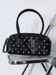 Nöista Black Faux Leather Bowling Bag With Silver-Tone Stud Detailing, Double Top Handles And A Detachable Studded Shoulder Strap. - Black - View 6