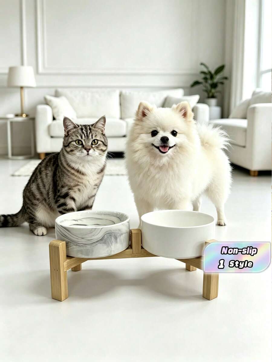 Elevated Cat Bowl, Ceramic Dog Bowl, Suitable For Small And Medium‑Sized Dogs, Food And Water Bowl With Stand, Weighted Pet Feeding Bowl, Ceramic Dog Bowl, Marble. - Multicolor - View 1