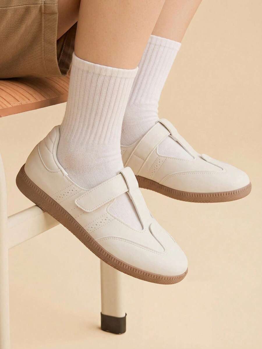 CUCCOO EASI Women's New Distressed White German Trainer Shoes, Flat Sole Soft Bottom, Commute Driving Casual Shoes - Beige + - View 1