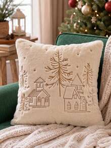 Cirelle 1件/2件裝聖誕人造兔毛抱枕套，金色刺繡裝飾枕套，含馴鹿、雪花、雪人與聖誕樹圖案，奶油色中性冬季節日居家裝飾，適用沙發、臥室、客廳，不含枕芯 - 仿兔毛金色繡線房子 - 查看 2