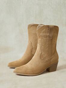 Styleloop Women's Pointe Embroidered Western Boots Side Zipper Festive Sexy Casual Knight Boots Women's Boots Khaki Fall Boots - Khaki - View 3