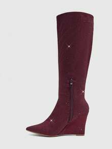 CUCCOO SZL Women's Burgundy Pointed Toe Wedge Heel Suede Rhinestone Ruched Knee-High Boots For Party And Nightclub - Burgundy - View 4