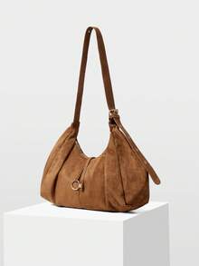 MOTF WOMEN'S FASHION BROWN SHOULDER BAG, RING HARDWARE DECORATION, SOFT SUEDE LARGE CAPACITY TOTE BAG, FOR DAILY SHOPPING COMMUTE - Brown - View 2
