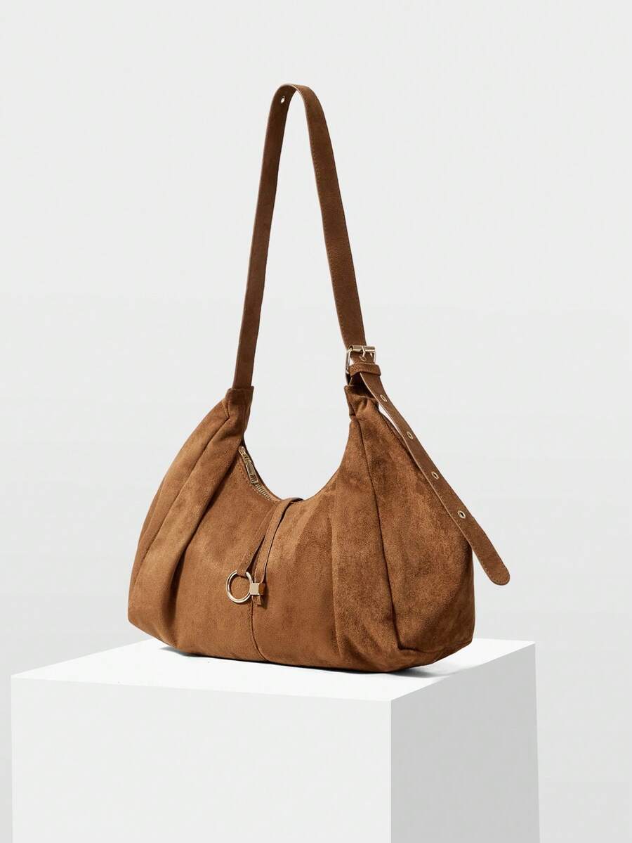 MOTF WOMEN'S FASHION BROWN SHOULDER BAG, RING HARDWARE DECORATION, SOFT SUEDE LARGE CAPACITY TOTE BAG, FOR DAILY SHOPPING COMMUTE - Brown - View 2