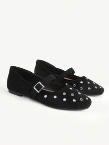 CUCCOO CHICEST New Casual And Comfortable, Imitation Suede Surface, Rivet Decoration, Generous Head Design, Buckle, Women's Flat Shoes - Black - View 2