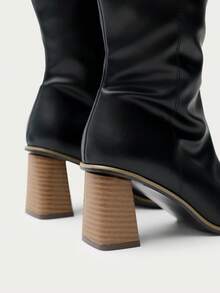 Nöista Retro Square Toe Thick Heel Boots Elegant Commuting Wood Grain Thick Heel High Boots Autumn And Winter Thin Versatile Square Toe Medium Heel Fall Boots - Black - View 9