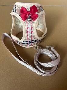 Khaki Pet Harness And Leash Set Featuring A Red Bow ; An Adjustable, Escape-Proof Vest-Style Harness That Is Soft And Comfortable. Suitable For Small To Medium-Sized Kittens And Puppies, This Makes For A Cute Accessory For Daily Outdoor Walks. - Multicolor - View 6