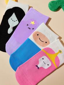 ADVENTURE TIME X SHEIN 4 قطع/مجموعة جوارب قصيرة بنمط كرتوني لطيف للنساء، جوارب كاحل، معززة عند الأصابع والكعب، مناسبة لجميع الفصول، للجنسين، للرجال والنساء، جوارب برسومات - خلط الألوان - مشاهدة 3