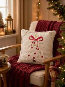 Cirelle 1pc/2pcs Soft Plush Christmas Cushion Cover, Embroidered Christmas Tree Decorative Pillow Case With Bow Knot, Cozy Winter Holiday Throw Pillow Sham For Home Decor - Beige - View 2