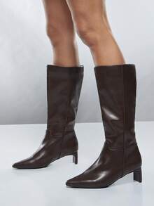 SHEIN SHUZIA Women's Glamorous Sexy Pointy Toe Kitten Heel Knee-High Boots - Coffee Brown - View 2