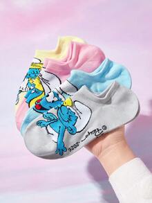 SHEIN X The Smurfs 6雙卡通圖案透氣柔軟船襪，加強腳趾與腳跟，適合四季穿著，女款/女孩，印花襪 - 雜色 - 查看 5