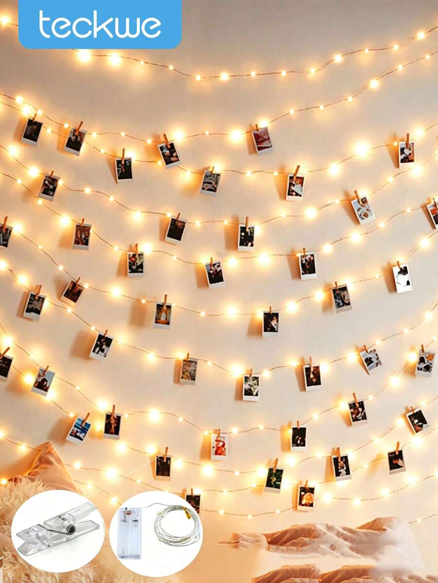 Teckwe 1set 1/2/3/4/5/10M Home Decor Photo Clips Light String,Indoor Bedroom Wall Decoration Fairy Light String With Plastic Clips, Wedding Birthday Party Decor Light String, Christmas Tree Decoration Lights,Girls' Room Wall Decorative Light String