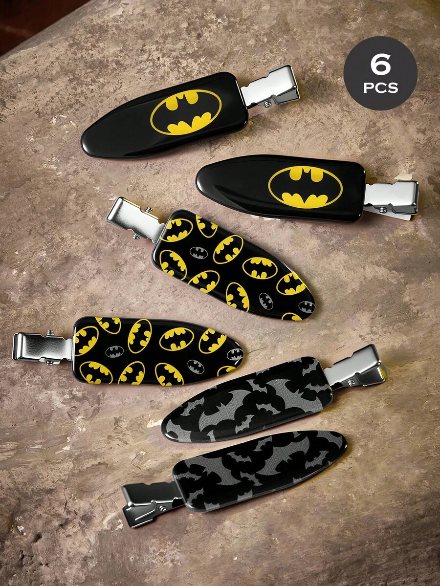 BATMAN X SHEIN 6件組抗皺髮夾，卡通角色與字母圖案，不留痕跡，適合洗臉、化妝、護膚使用 - 彩色 - 查看 1