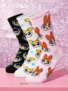 THE POWERPUFF GIRLS X SHEIN 1雙女款中筒襪，柔軟透氣、吸濕排汗休閒襪，卡通條紋圖案，時尚款 - 粉色 - 查看 6