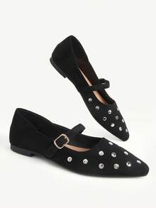 CUCCOO CHICEST New, Imitation Suede Velvet Surface, Rivet Small Square Toe Design, With Buckle, Women's Flat Shoes, Fashionable And Versatile - Black velvet rivets - View 4