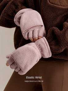 GLOWMODE Cozy Fleece Flip-Top Gloves With Convertible Fingerless Design & Logo Daily Casual Outdoor Fall Winter Wear - Pink - View 4