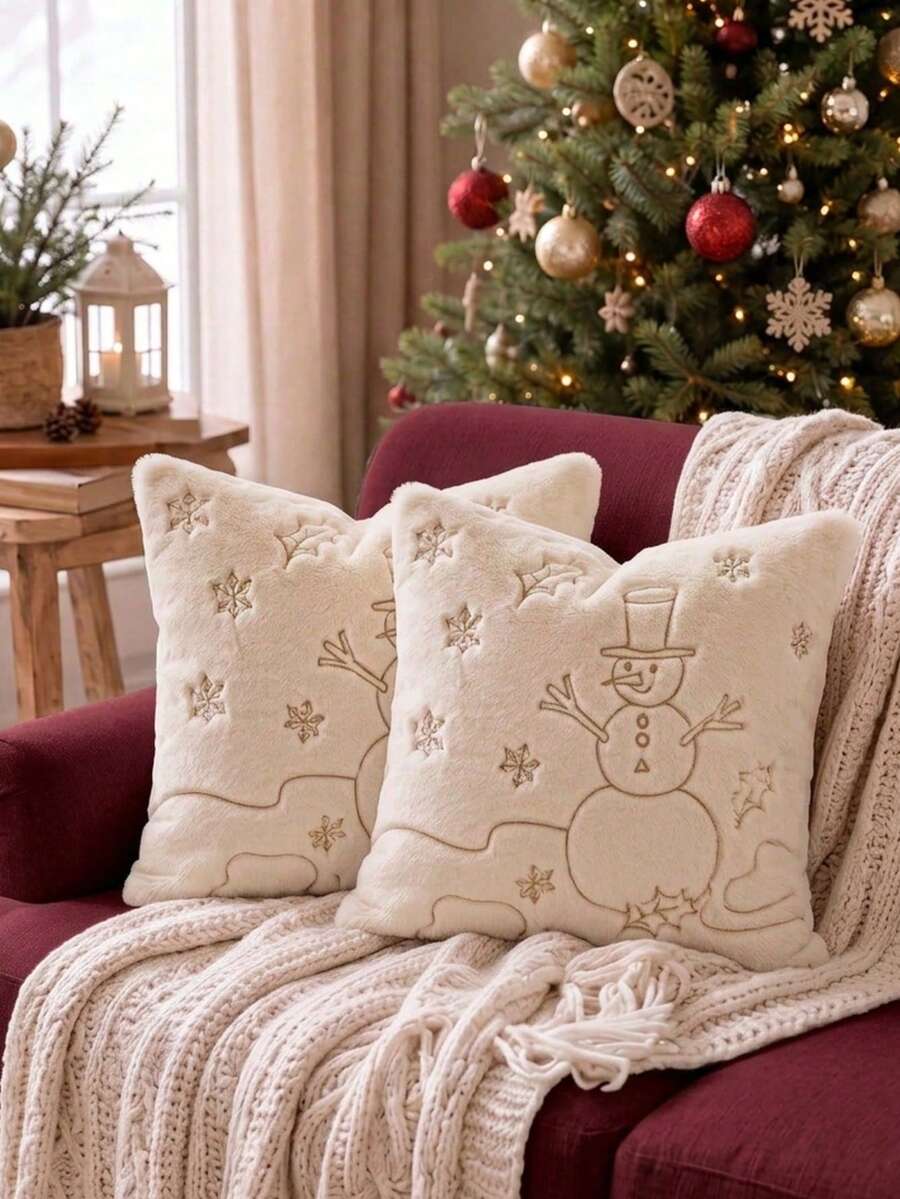 Cirelle 1件/2件裝聖誕仿兔毛抱枕套,金色刺繡裝飾枕套,含馴鹿、雪花、雪人與聖誕樹圖案,奶油色中性冬季節日居家裝飾,適用沙發、臥室、客廳,不含枕芯 - 仿兔毛金色繡線雪人 - 查看 1