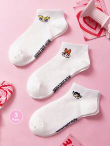 THE POWERPUFF GIRLS X SHEIN 3雙舒適可愛卡通圖案船襪 - 白色 - 查看 1