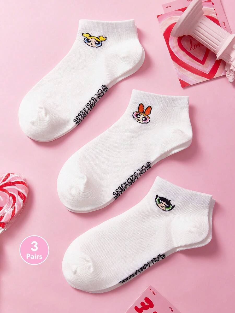 THE POWERPUFF GIRLS X SHEIN 3雙舒適可愛卡通圖案船襪 - 白色 - 查看 1