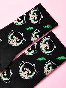 THE POWERPUFF GIRLS X SHEIN 1雙女款中筒襪，柔軟透氣、吸濕排汗休閒襪，卡通條紋圖案，時尚款 - 黑色 - 查看 3