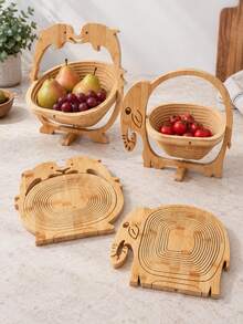 Cirelle 1pc Collapsible Wooden Fruit Basket, Animal Shaped Bamboo Folding Fruit Storage Bowl Countertop Tray - primary color - View 7