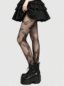 ROMWE 1 Pair Gothic Sweet Butterfly Pattern Fishnet Tights/Stockings, Halloween - Black - View 3