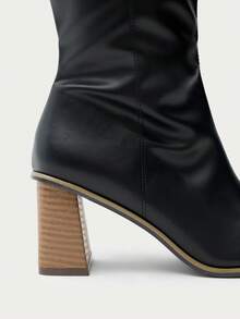 Nöista Retro Square Toe Thick Heel Boots Elegant Commuting Wood Grain Thick Heel High Boots Autumn And Winter Thin Versatile Square Toe Medium Heel Fall Boots - Black - View 11