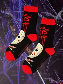 WB Horror X SHEIN 1雙女款中筒襪，保暖舒適，適合日常穿著 - 紅黑 - 查看 5