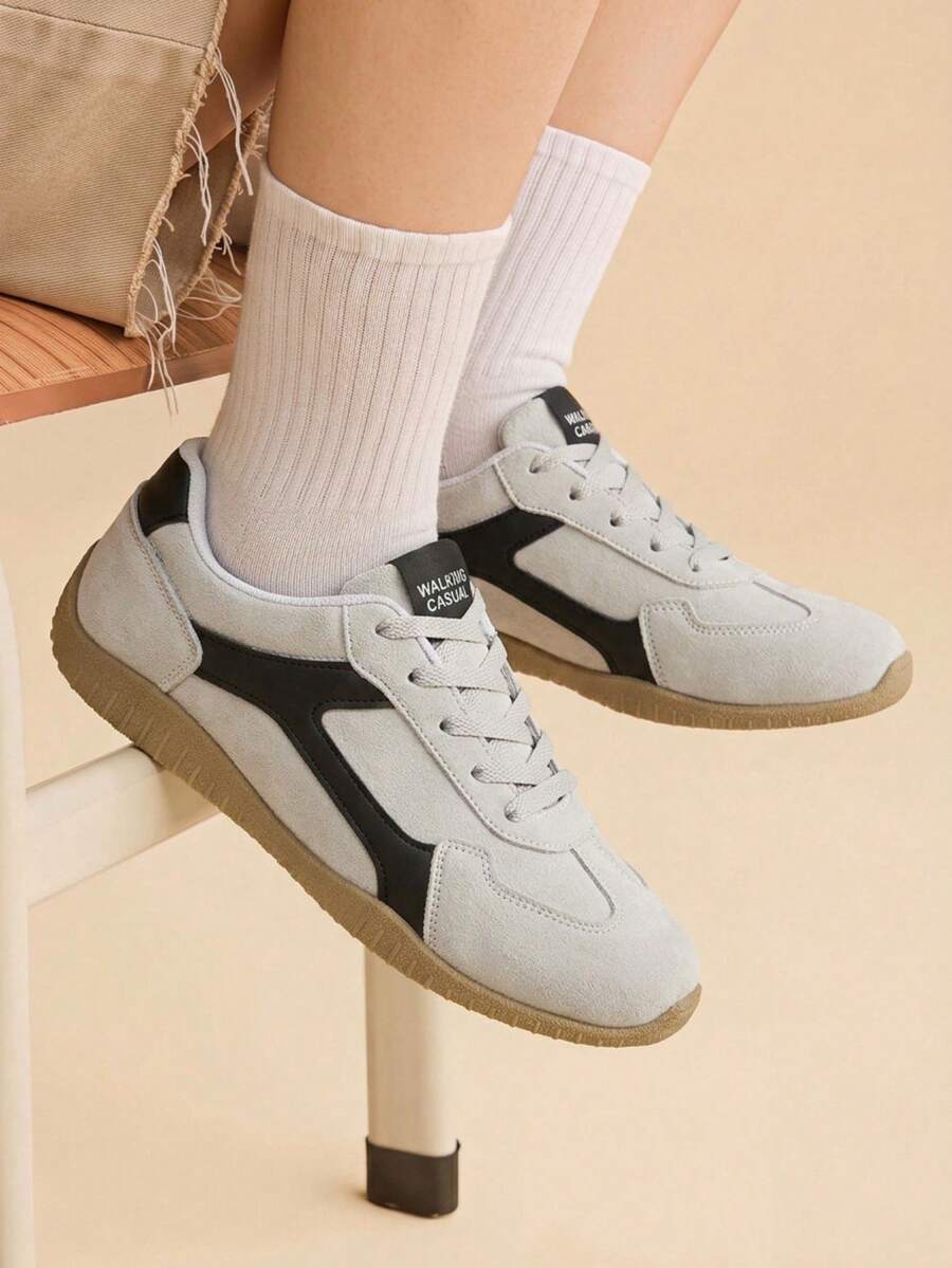 CUCCOO EASI Women's Distressed Gray Colorblock Flat Soft Sole German Trainer Shoes, Casual Commute & Back To School Sneakers - Grey . - View 1