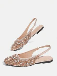 CUCCOO TILAWA Women's New Champagne Rhinestone Sparkling Square Toe Flat Shoes, Elegant Party And Date Outfit - Champagne - View 6