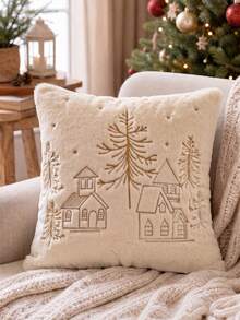 Cirelle 1件/2件裝聖誕人造兔毛抱枕套，金色刺繡裝飾枕套，含馴鹿、雪花、雪人與聖誕樹圖案，奶油色中性冬季節日居家裝飾，適用沙發、臥室、客廳，不含枕芯 - 仿兔毛金色繡線房子 - 查看 9