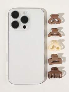 BestieMix One Piece Set Of Milk Coffee Colored Maillard Style Mini Hair Claws, Heart-Shaped Flowers, Square Bangs, Broken Hair Clips, Simple Hair Accessories - Multicolor - View 3