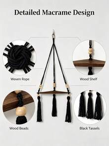 Bohemian Hand‑Woven Cotton Rope Triangle Wall Shelf, Wooden Craft Home Decor, Wall Hanging Storage Rack For Flower Pots - Black - View 8