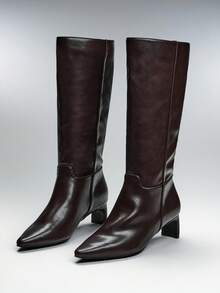 SHEIN SHUZIA Women's Glamorous Sexy Pointy Toe Kitten Heel Knee-High Boots - Coffee Brown - View 6