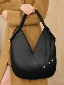 MOTF WOMEN'S FASHION BLACK SHOULDER BAG, WOVEN HANDLE FRINGED DECORATION, SIMPLE V-SHAPED ROUND TOTE BAG, FOR DAILY, COMMUTING, SHOPPING - Black - View 1