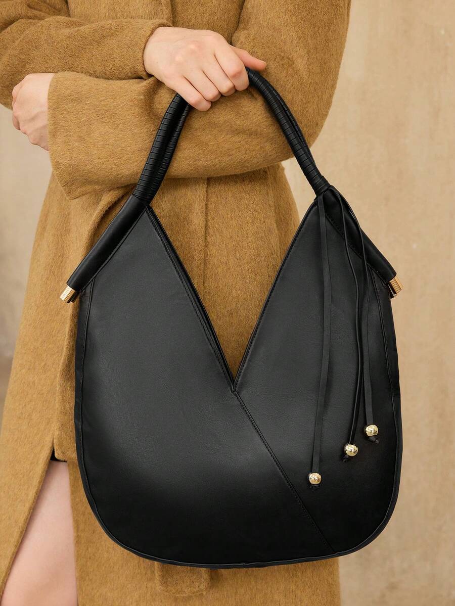 MOTF WOMEN'S FASHION BLACK SHOULDER BAG, WOVEN HANDLE FRINGED DECORATION, SIMPLE V-SHAPED ROUND TOTE BAG, FOR DAILY, COMMUTING, SHOPPING - Black - View 1