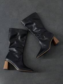 Nöista Retro Square Toe Thick Heel Boots Elegant Commuting Wood Grain Thick Heel High Boots Autumn And Winter Thin Versatile Square Toe Medium Heel Fall Boots - Black - View 8
