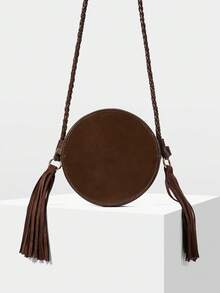 MOTF WOMEN'S FASHIONABLE BROWN ROUND SHOULDER BAG WITH WOVEN SHOULDER STRAPS AND CONTRASTING TASSELS FOR DAILY USE, COMMUTING, SHOPPING, TRAVEL, VACATION - Brown - View 3