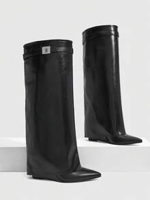 CUCCOO SZL Ladies Black Autumn And Winter Pointed Wedge Heel Sleeve Simple Sexy Versatile Skinny Patent Leather Knee Boots - Black - View 1