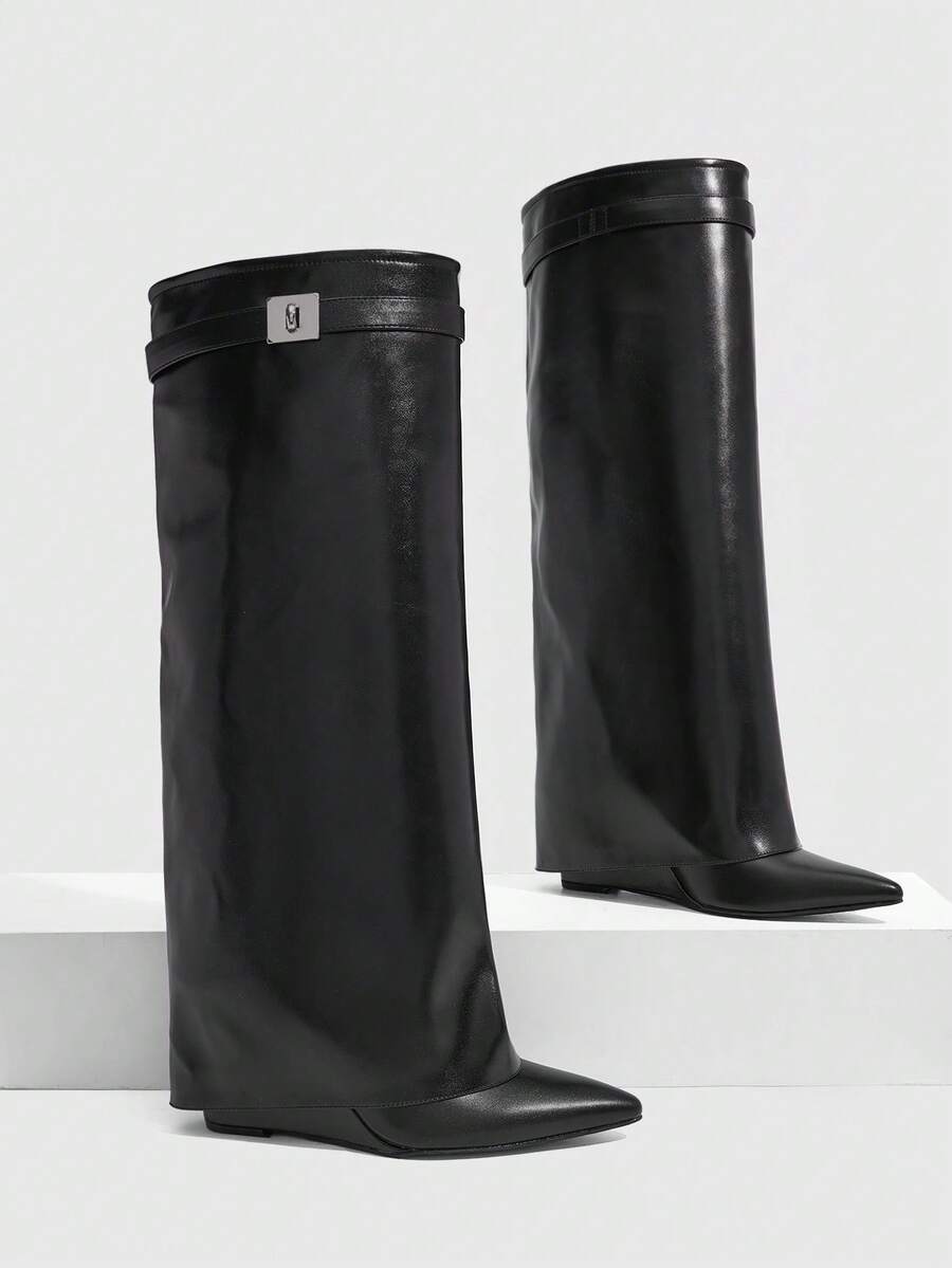 CUCCOO SZL Ladies Black Autumn And Winter Pointed Wedge Heel Sleeve Simple Sexy Versatile Skinny Patent Leather Knee Boots - Black - View 1