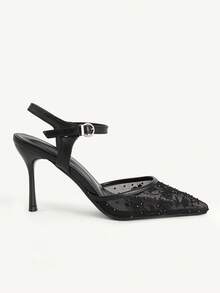 CUCCOO CHICEST Pointed Fashion Elegant Hollow Mesh Embroidery Thread Rhinestone Elegant Banquet Thin Heel High Heel Hollow Black Shoes - Black - View 3