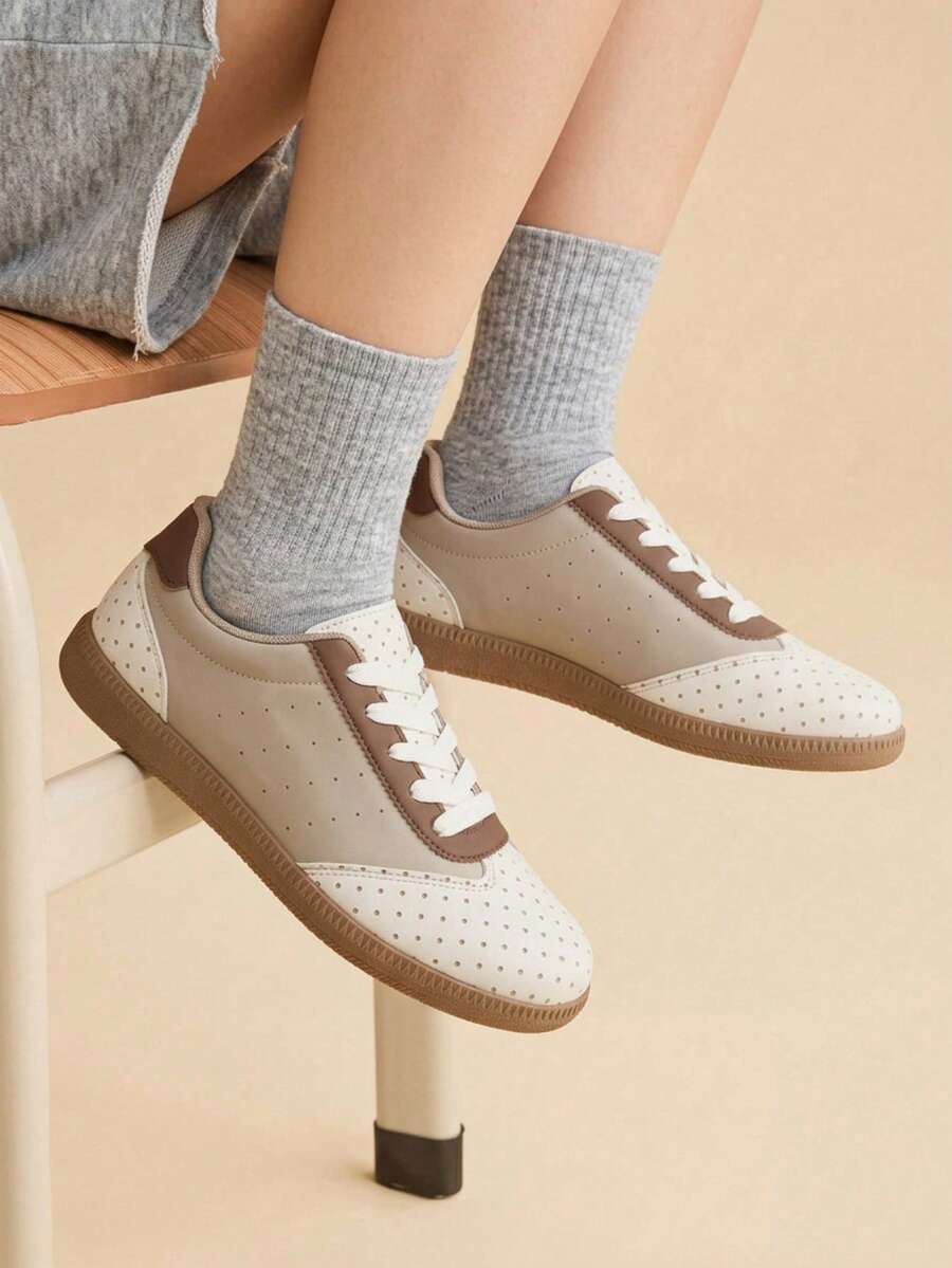 CUCCOO EASI Women's Distressed Beige Training Shoes, Shiny Contrast Color Design, Flat Soft Sole, Commuting Driving Casual Shoes - Beige/ - View 1
