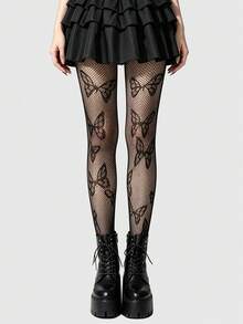ROMWE 1 Pair Gothic Sweet Butterfly Pattern Fishnet Tights/Stockings, Halloween - Black - View 1