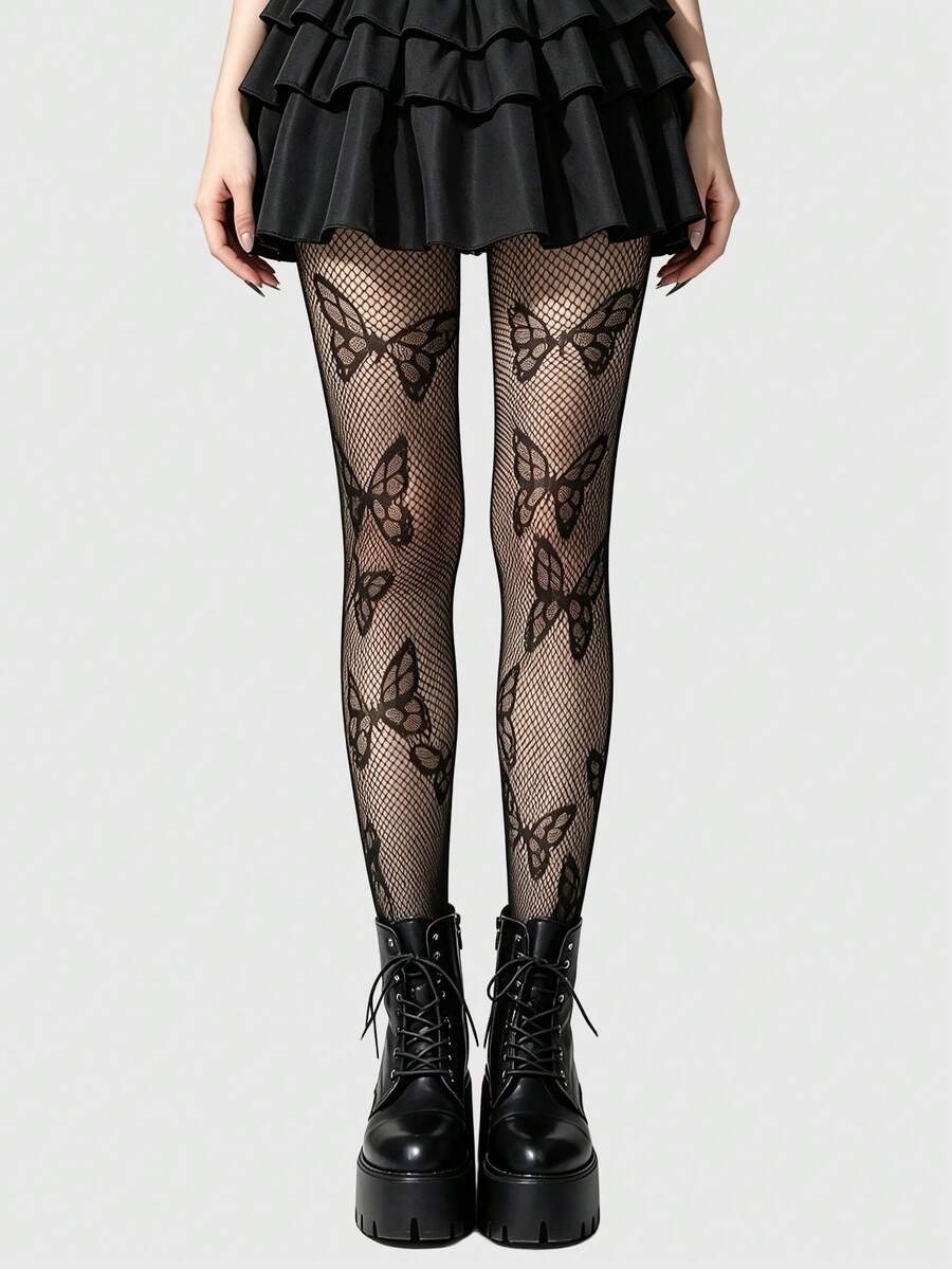 ROMWE 1 Pair Gothic Sweet Butterfly Pattern Fishnet Tights/Stockings, Halloween - Black - View 1