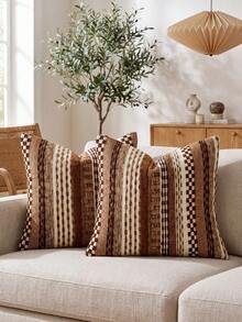 One Piece (No Filler) Bohemian Striped Pillow Cover, Fashionable Retro Luxury Multi-Color Pattern Jacquard Chenille Cushion Cover, Suitable For Daily Home, Sofa, Bed Bedroom, Decorative Pillowcase, Universal In Spring, Summer, Autumn And Winter - Coffee Brown - View 1