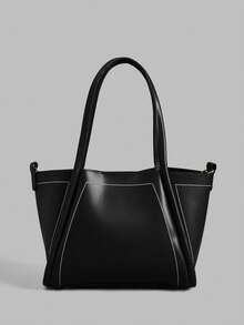 Ontre Women's Fashion Black Handbag, Exquisite Collision Line, Simple Open Tote Bag, Suitable For Daily, Commuting, Dating, Shopping, Shopping - Black - View 1