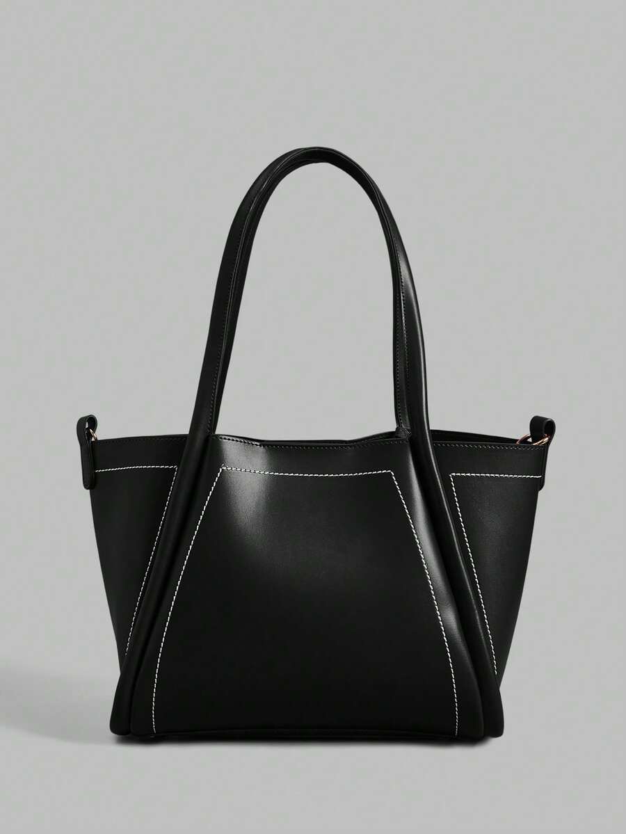 Ontre Women's Fashion Black Handbag, Exquisite Collision Line, Simple Open Tote Bag, Suitable For Daily, Commuting, Dating, Shopping, Shopping - Black - View 1